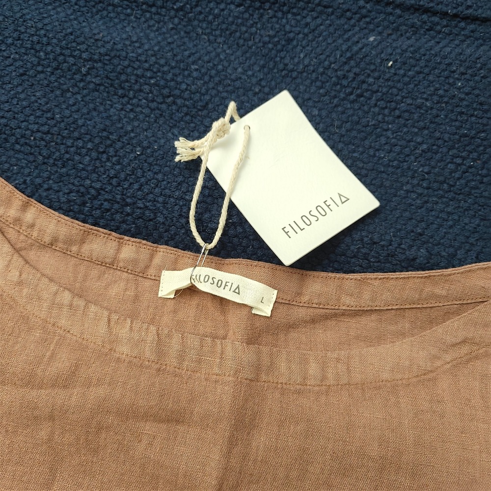 FILOSOFIA Women Linen Boxy Top L Brown 100% Linen Coastal Minimalist New - Picture 3 of 7